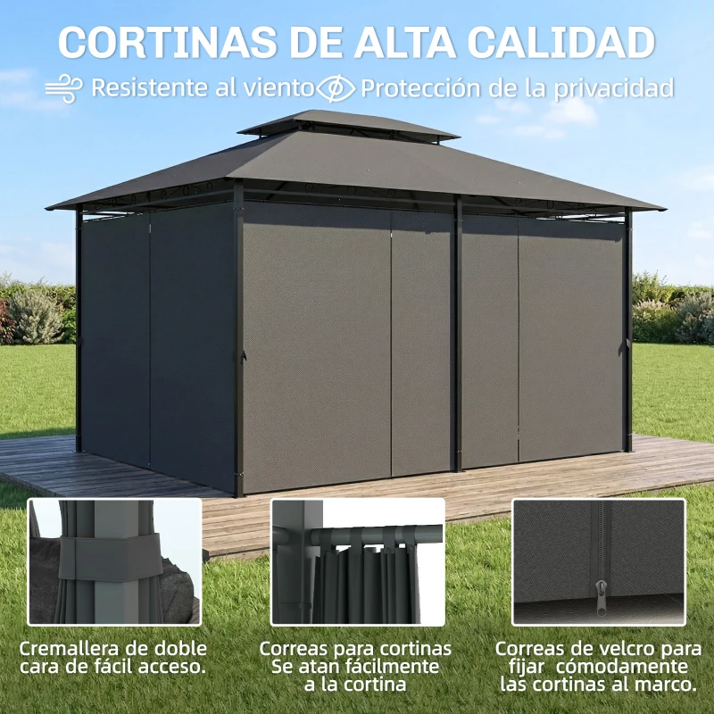 Outsunny Cenador para Jardín 3x4 m Pabellón de Jardín Gazebo con Doble Techo 6 Paredes Laterales Estructura Metálica Gris