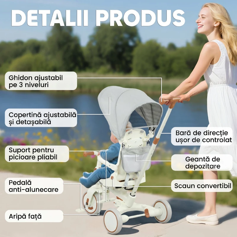 AIYAPLAY Triciclu pentru copii 5 în 1 cu mâner de împingere și acoperire detașabilă, 96.5x49x101 cm, alb crem