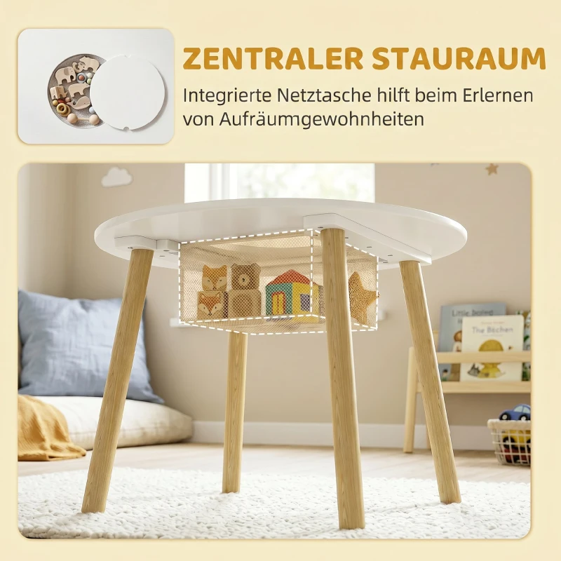 AIYAPLAY Kindertisch mit Stühlen und Aufbewahrung, 3-teiliges Kinder-Möbelset in Weiß und Natur für Spielzimmer und Kinderzimmer