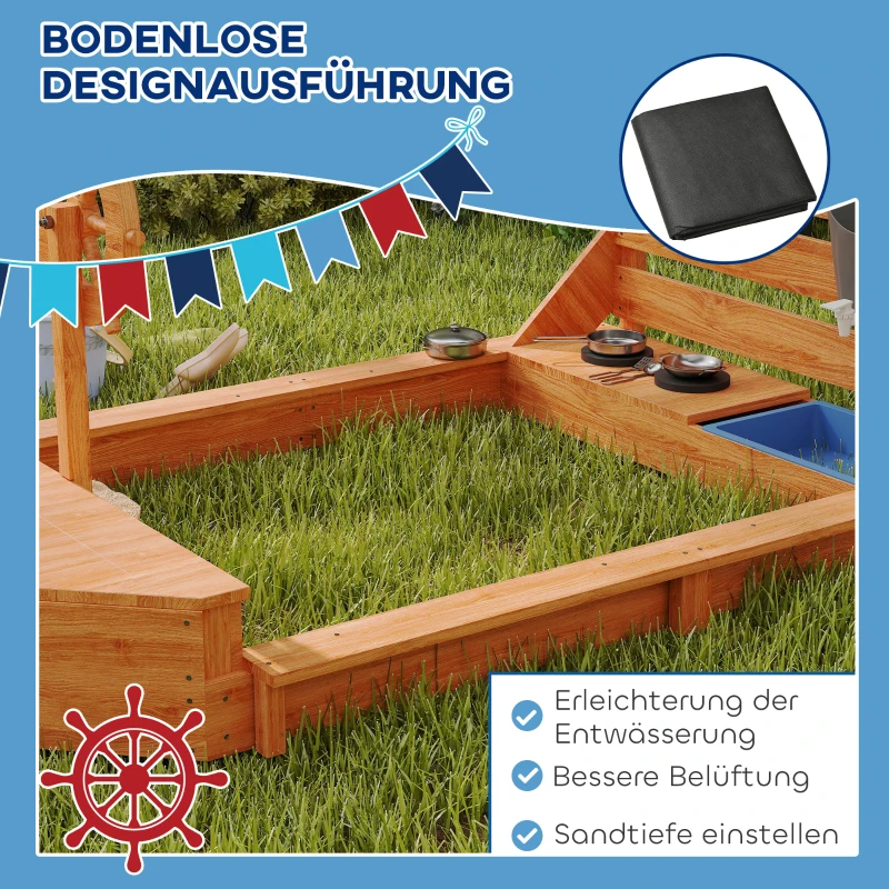 Outsunny Zandbak met Zonnedak Piratenschip, incl. Keukenspeelset voor Kinderen, Massief Hout, 180 x 103 x 144,5 cm, Oranje