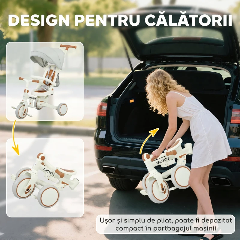 AIYAPLAY Triciclu pentru copii 5 în 1 cu mâner de împingere și acoperire detașabilă, 96.5x49x101 cm, alb crem