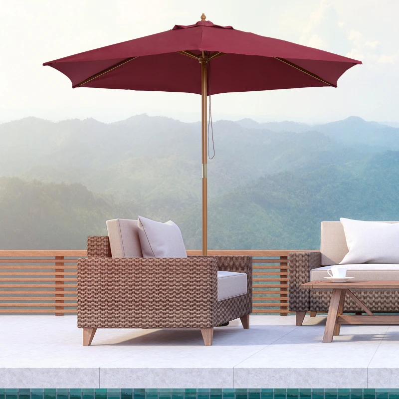 Outsunny Parasol de Jardin en  Bois Rouge Ø2.5 m x 2.25 m