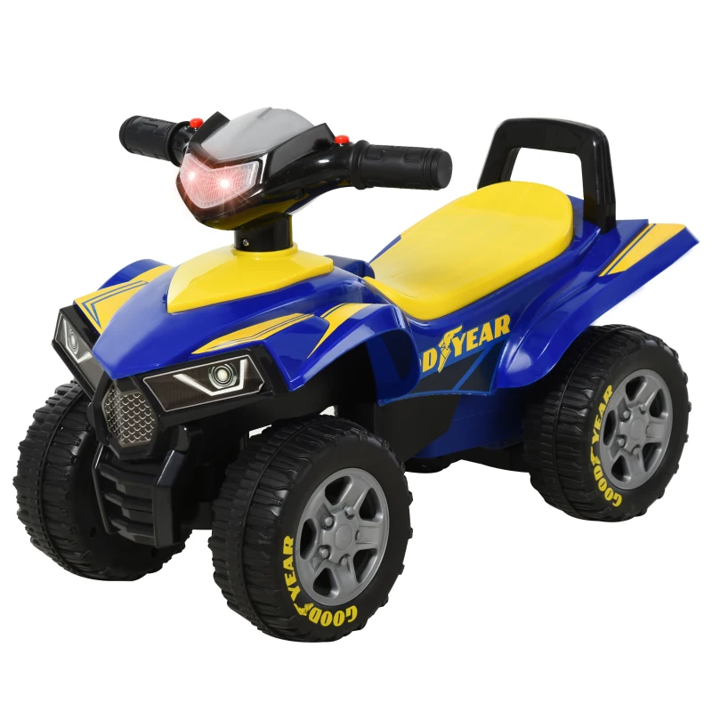 HOMCOM Quad Correpasillos con Licencia GOODYEAR para Niños Mayores de 18-36 Meses Coche Cuatrimoto con Funciones de Luces Bocina y Espacio Secreto de Almacenaje 60x31x42 cm Azul