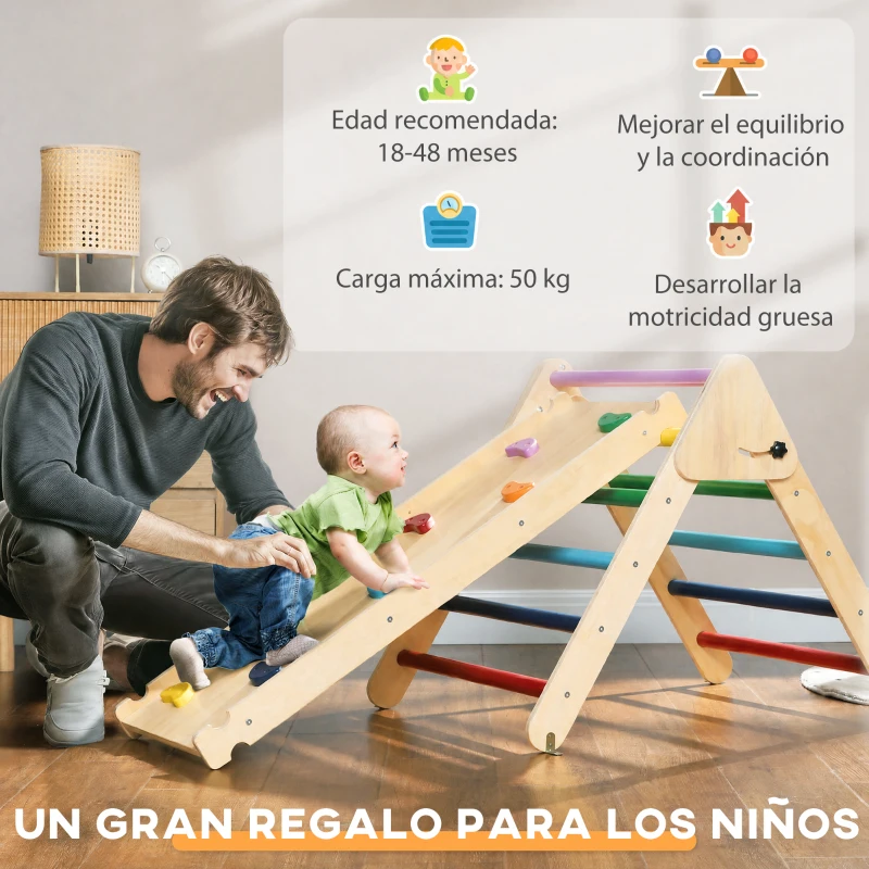AIYAPLAY Triángulo de Escalada de Madera 3 en 1 con Rampa para Deslizarse o Escalar 147x64,5x63 cm Multicolor
