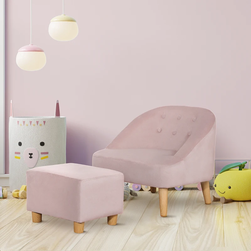 HOMCOM Kindersessel mit Ottomane für Kinder von 3 bis 5 Jahren Niedliches Design Samtoptik 51 cm x 51 cm x 50 cm Rosa