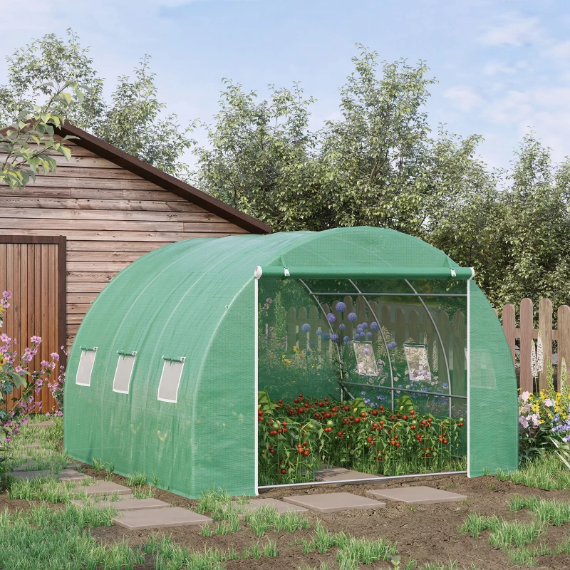 Outsunny Serre de jardin 9 m² serre tunnel de jardin 3 x 3 x 2 m avec porte enroulable et 6 fenêtres en maille en acier PE vert