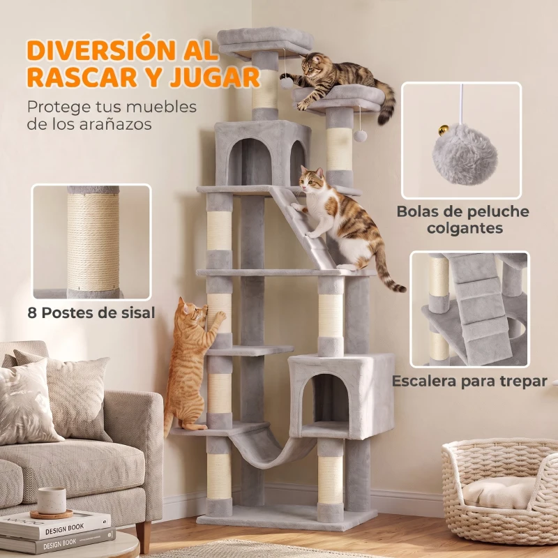 PawHut Árbol Rascador para Gatos 204 cm Multinivel con 2 Cuevas Hamaca 2 Camas Postes de Sisal Escalera y 2 Bolas Gris Claro