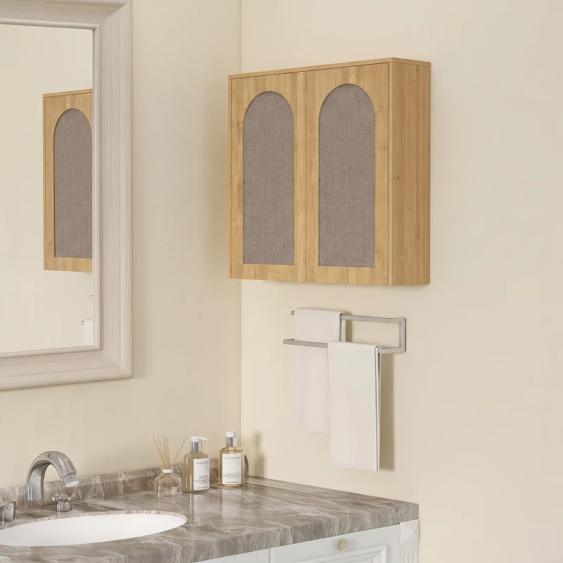HOMCOM Armoire murale de salle de bain bohème avec 2 portes effet rotin à fermeture douce et étagère réglable, chêne
