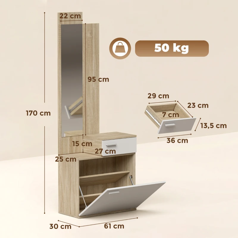 HOMCOM Recibidor de Entrada con Espejo Zapatero Abatible Cajón Mesa Pequeña 61x30x170 cm Blanco