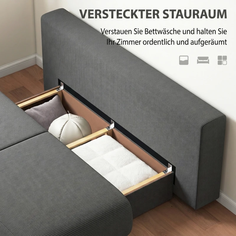 HOMCOM Slaapbank met verstelbare rugleuning, bedfunctie, verborgen opbergruimte en cordbekleding, grijs