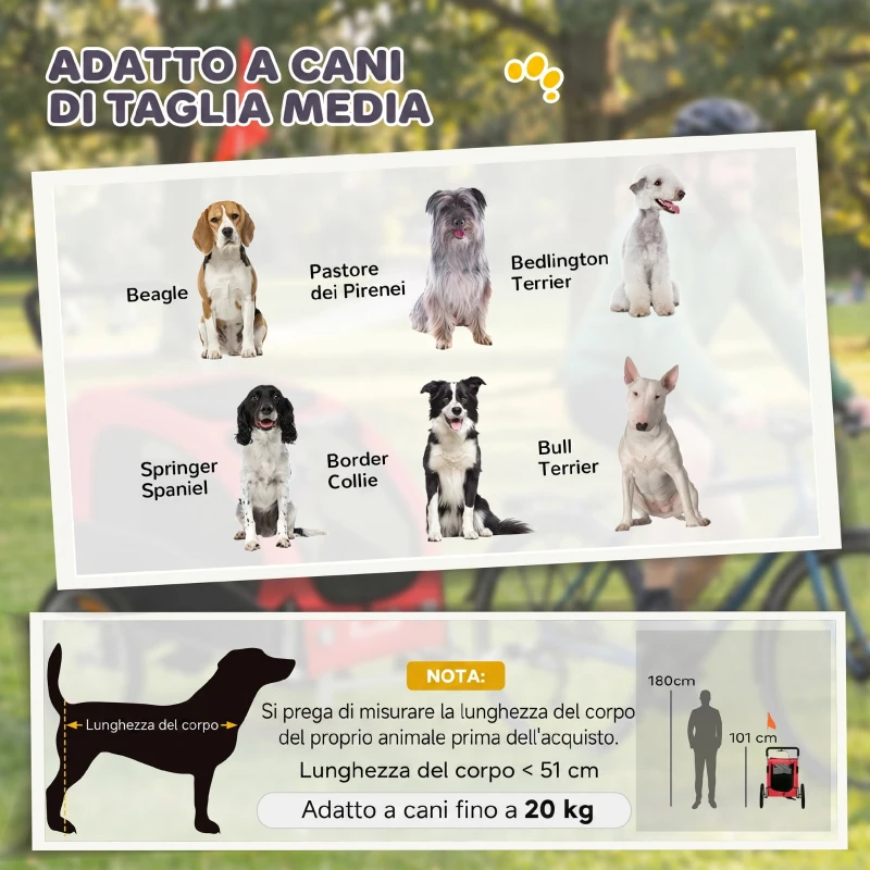 PawHut Rimorchio Bici e Passeggino Pieghevole per Cani Media, 2 in 1 in Acciaio e Tessuto Oxford 600D, Rosso