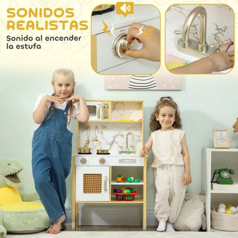 AIYAPLAY Cocina de Juguete de Madera con Sonido con Accesorios de Acero Inoxidable Verduras para Cortar Dorado