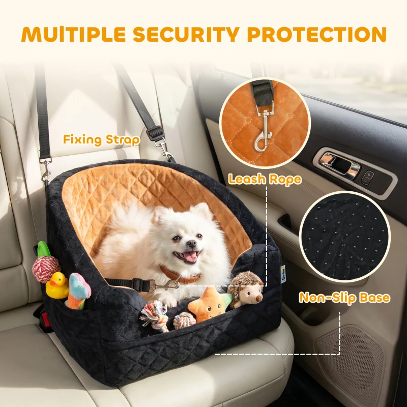 PawHut Dog Car Seat, Detachable Washable Dog Booster Seat with Thick Cushion, Seat Belt, Pockets for Small Under 10kg, Brown