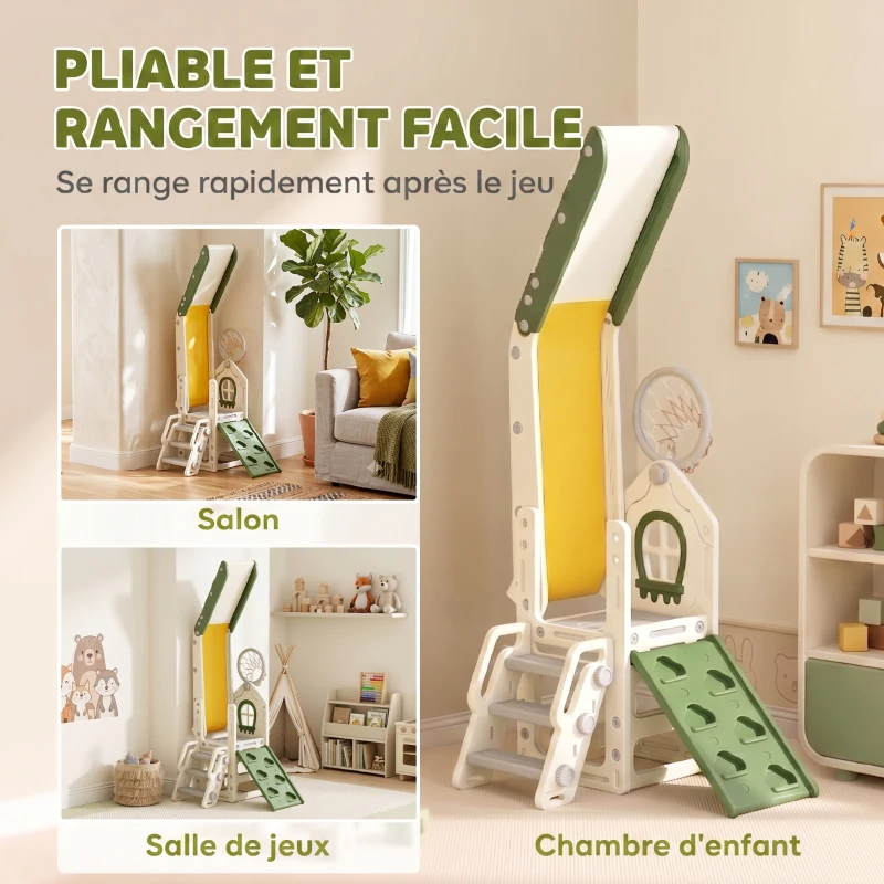 AIYAPLAY Toboggan pour Enfant Pliable 5-en-1 avec Escalade, Panier de Basket, Espace de Rangement et Ballon, Crème