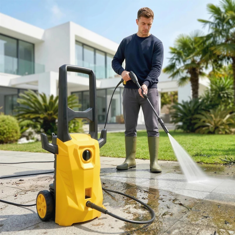 Outsunny Hidrolimpiadora de Alta Presión 1600W 120 Bar con Bomba Boquilla Ajustable y Parada Automática 29,5x22x60 cm Amarillo