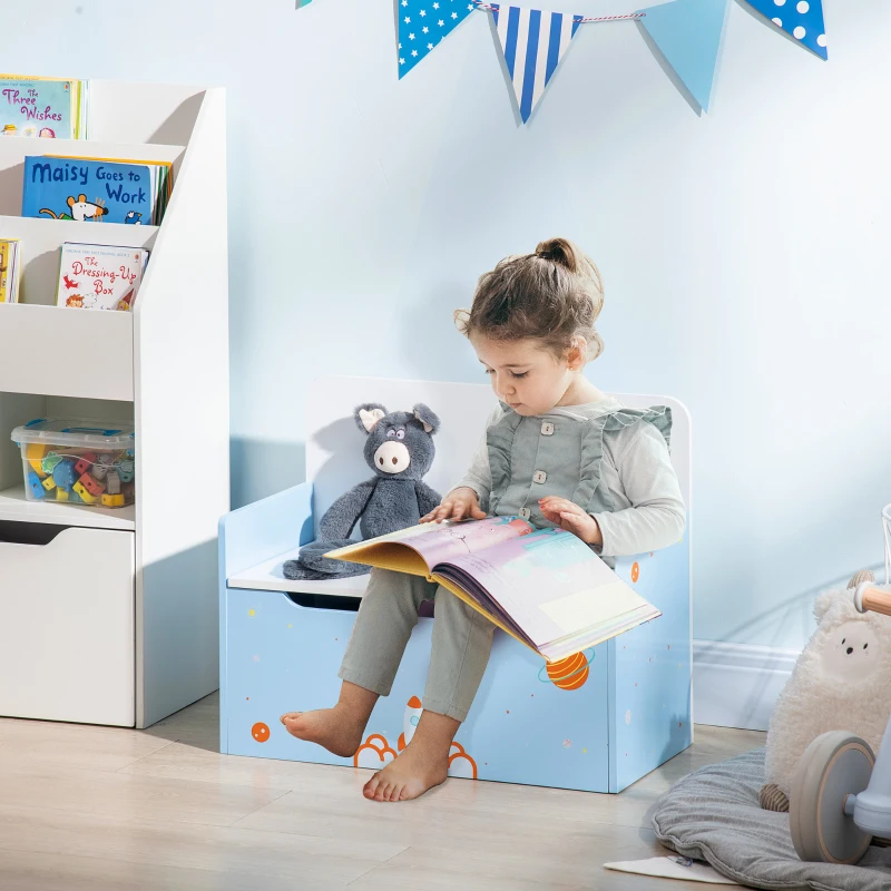 ZONEKIZ Baú Infantil 2 em 1 Baú de Armazenamento Organizador de Brinquedos com Tampa de Fechamento Seguro 60x30x50cm Azul