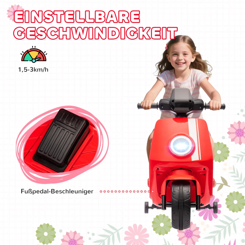 AIYAPLAY 6V Elektrische Kindermotor met Koplamp en Muziek, Voor- en Achteruit, Trainingswielen, 18-36 Maanden, Rood
