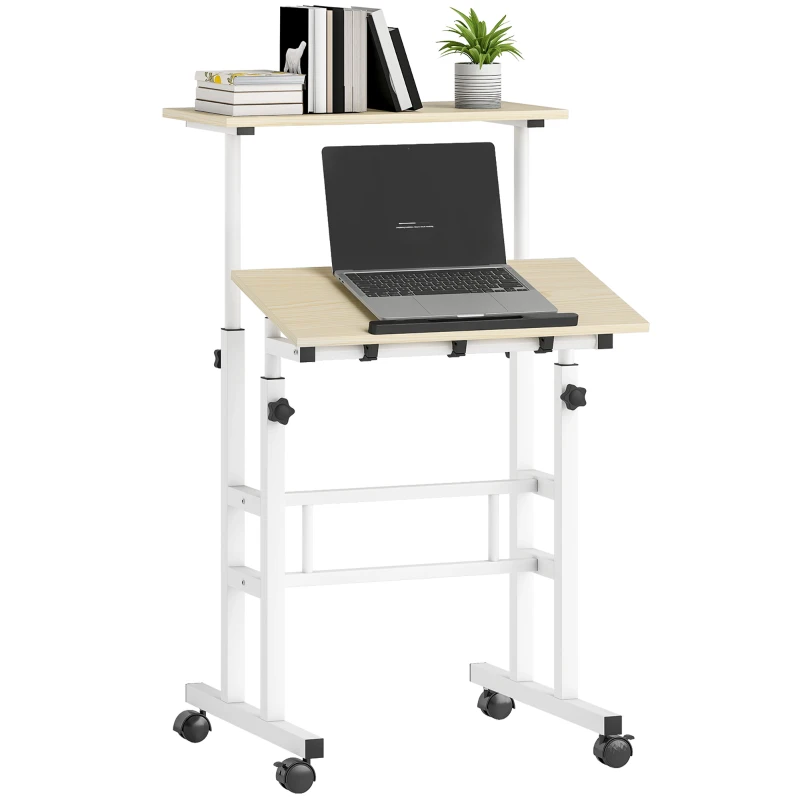 HOMCOM Bureau assis debout bureau réglable en hauteur 60 x 60 cm à roulettes avec plateau inclinable cadre en métal naturel
