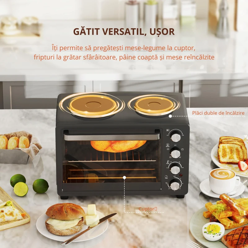 HOMCOM Cuptor Electric de Masă 28L 2600W cu Plăci de Încălzire Temperatură Reglabilă Cronometru Tavă Negru