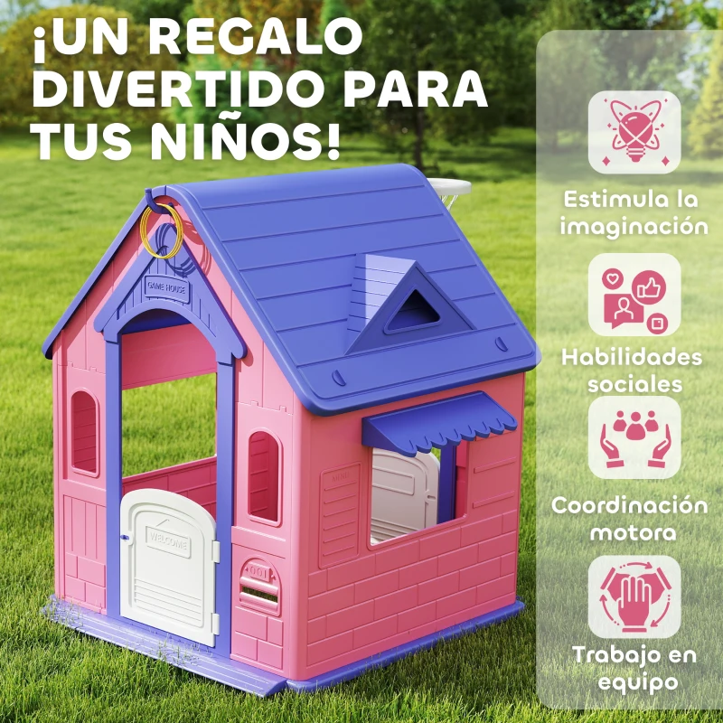 AIYAPLAY Casita Infantil Exterior e Interior 3 en 1 con Lanzamiento de Aros Baloncesto para Niños de 2-5 Años Rosa y Morado