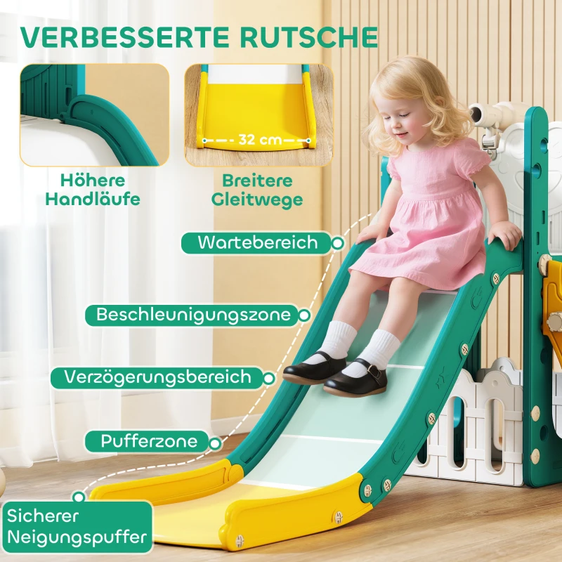 AIYAPLAY 5-in-1 kinderrutschenset, telescoop, basketbalnet, kunststof, Geel+Groen