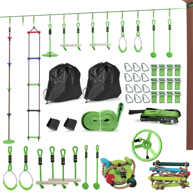 AIYAPLAY Klimtouw-Set, Touw-Kit voor Kinderen, Verschillende Klim- en Glijopties, Draagtas, Groen