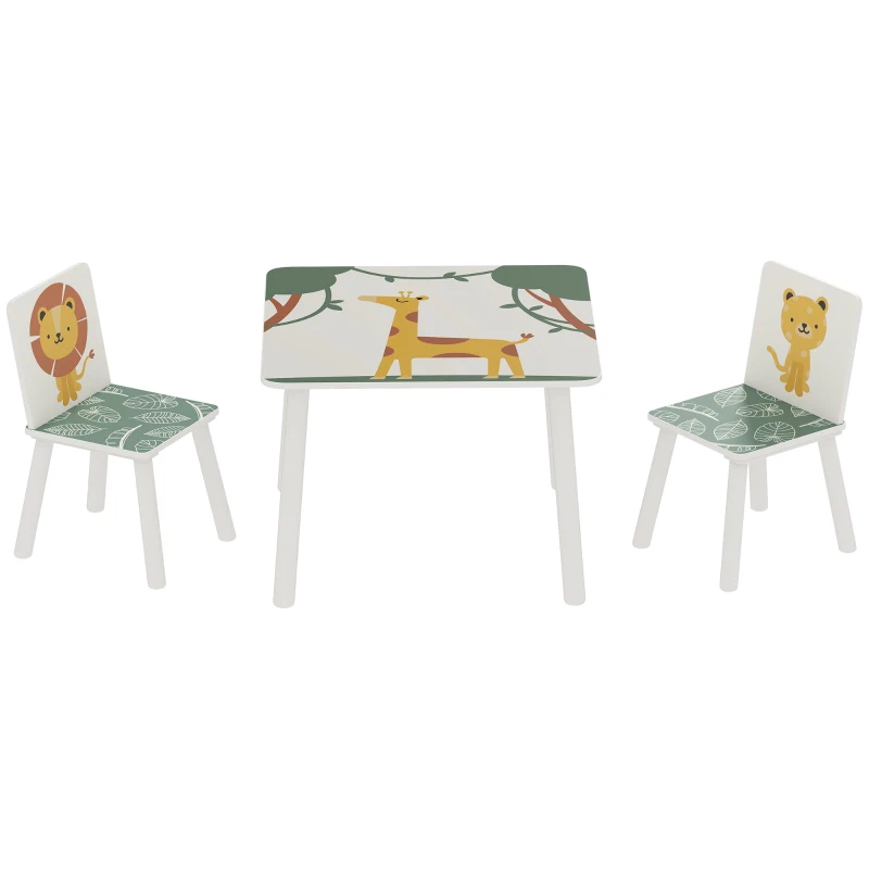 AIYAPLAY Mesa e Cadeiras para Crianças de 3 Peças Mesa Infantil com 2 Cadeiras em Madeira com Desenhos de Leões Verde