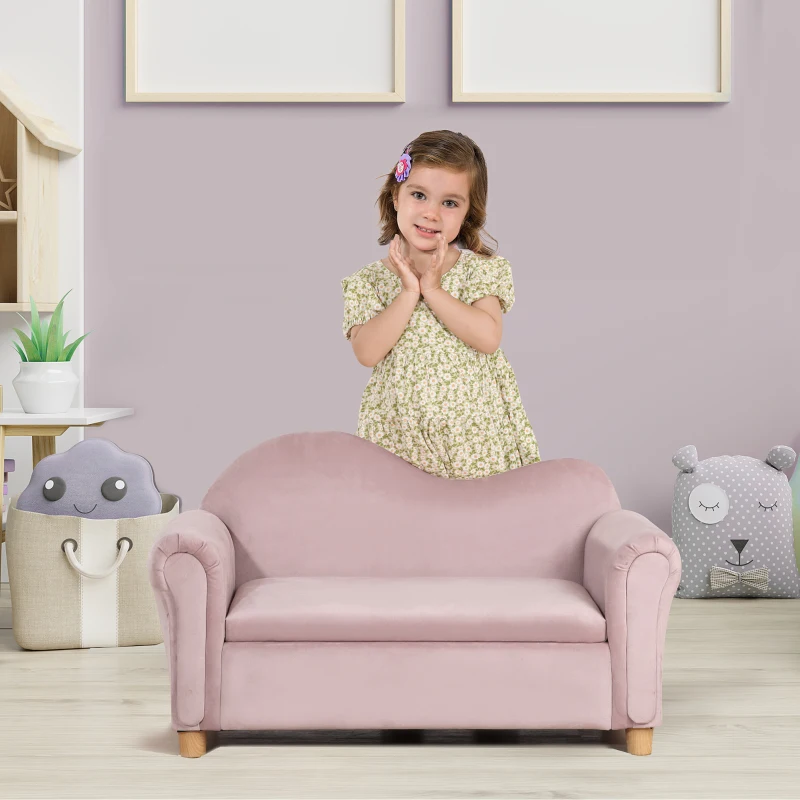 HOMCOM Kindersofa, Zweisitzer für Kinder 3-5 Jahre, Stauraum, Naturholzrahmen, 84 x 41,5 x 48,5cm, rosa