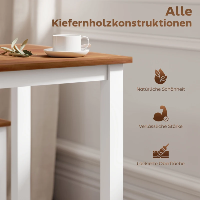 HOMCOM Eetset met eettafel en 4 stoelen, eetkamerset van grenenhout, bruin+wit