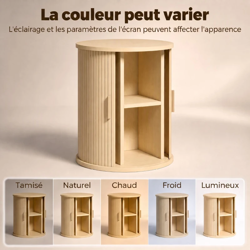 HOMCOM Table de Chevet, Table de Nuit Ronde Cannelée avec Porte Coulissante, pour Chambre à Coucher, Salon, 40x40x50cm, Chêne