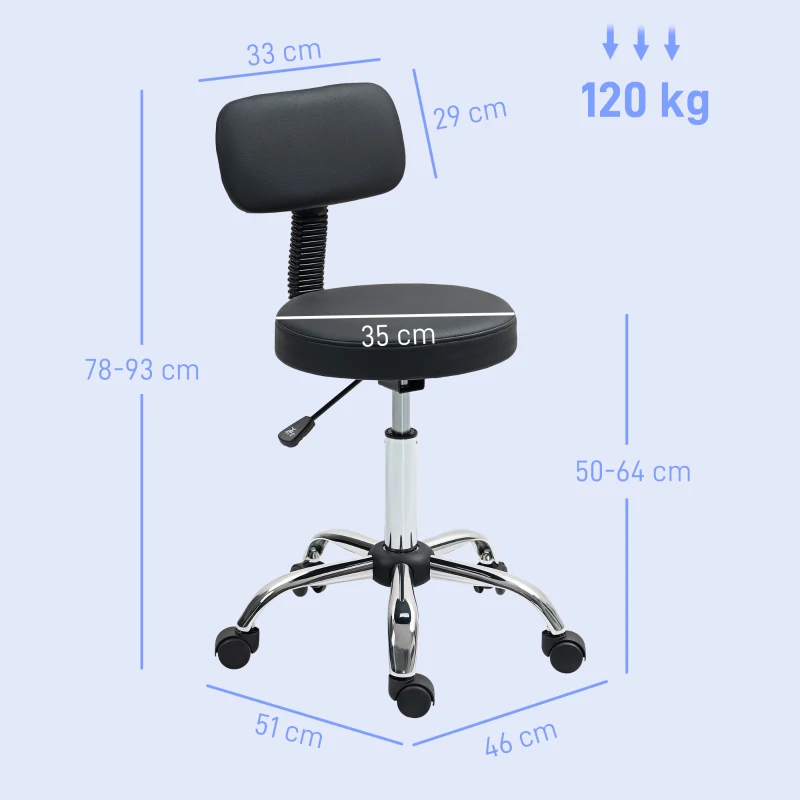 HOMCOM Taburet cu Roți, Rotativ 360°, Reglabil pe Înălțime, Piele Ecologică, Metal, 46x51x78-93 cm, Negru
