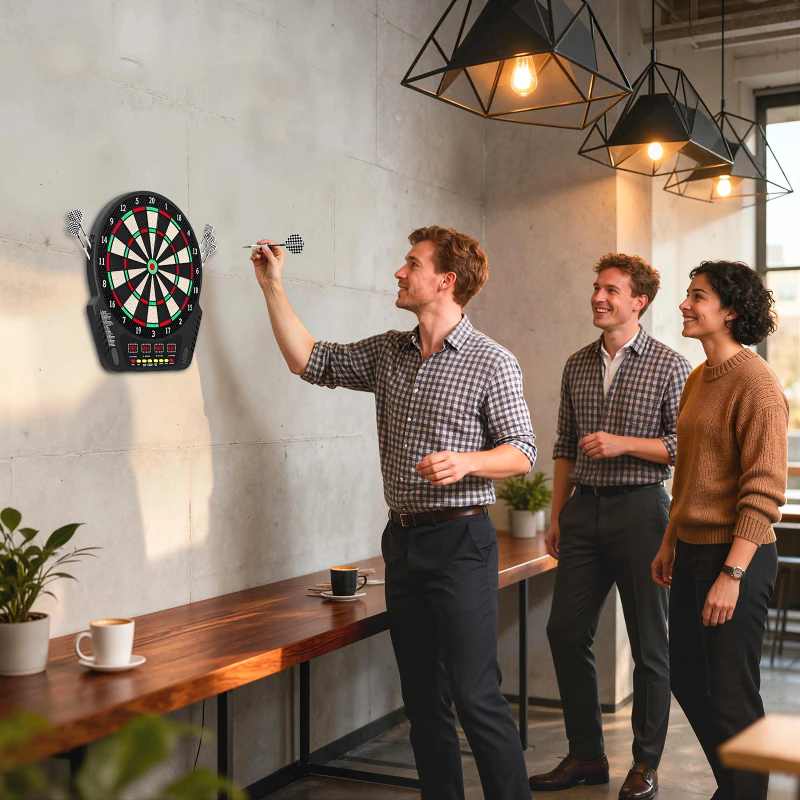 HOMCOM Elektronische Dartscheibe Dartboard Dart-set mit LED Anzeige mit automatischer Wertung Soundeffekte 6 Darts 24 Dartköpfe 27 Spiele und 243 Trefferoptionen für 16 Spieler 44 x 51,5 x 3,2 cm