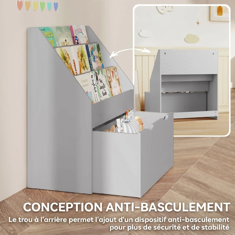 AIYAPLAY Bibliothèque pour enfants Multi-Rangement avec 3 niveaux d'étagères et un tiroir, 62,5L x 30l x 70H cm, gris