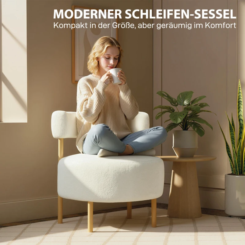 HOMCOM Fauteuil Loungestoel Relaxfauteuil met Sherpa-fleece, metalen poten in houtlook gestoffeerde stoel 67 x 67 x 71 cm Crèmewit