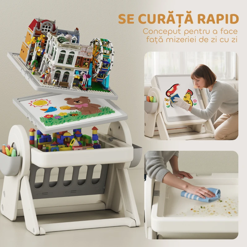 AIYAPLAY Masă Multifuncțională pentru Copii cu Raft de Depozitare și Sertare, din HDPE și PP, Gri și Alb
