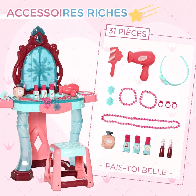 AIYAPLAY Coiffeuse Enfant Fille avec Miroir Magique, Musique, Plateaux, Tiroir et Accessoires, 3-6 Ans, 57x34x76cm, Multicolore