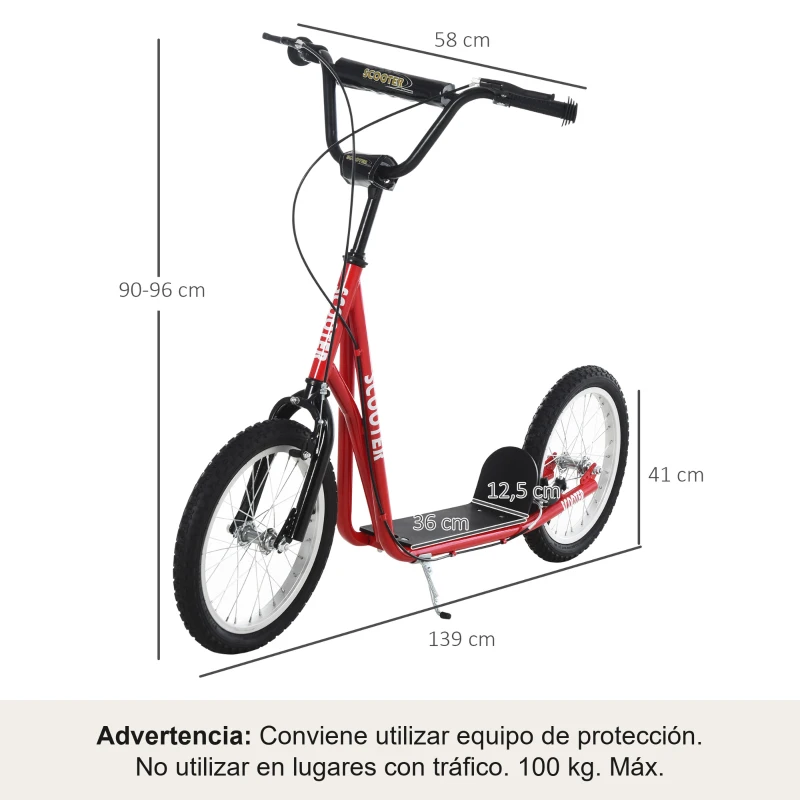 HOMCOM Patinete para Niños +5 Años, Patinete Infantil de 2 Ruedas, con Manillar Ajustable en Altura, 2 Neumáticos de Caucho Inflable, Doble Freno, Carga 100 kg, 139x58x90-96 cm, Rojo