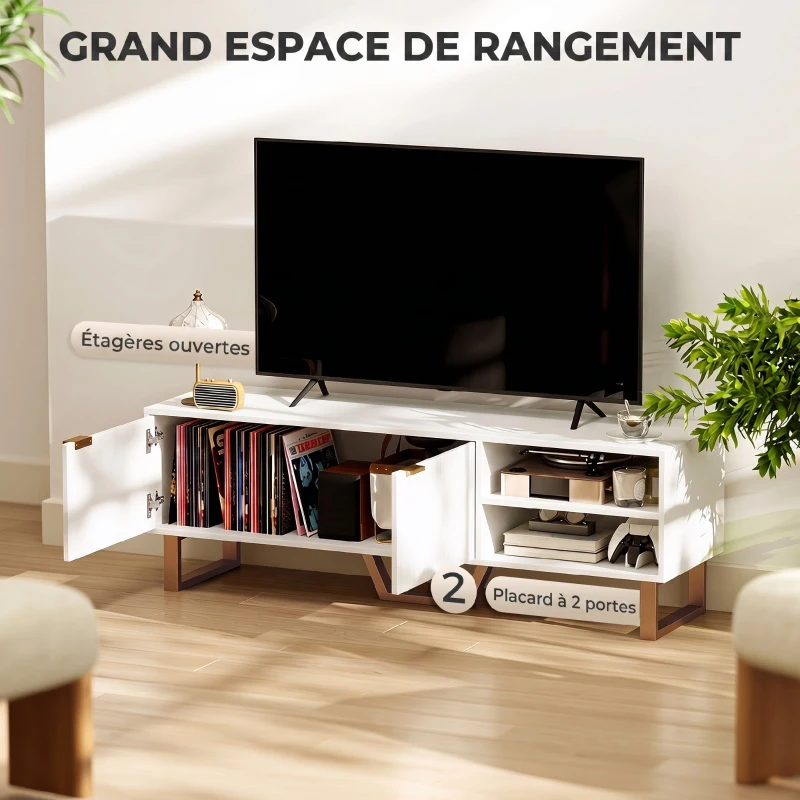 HOMCOM Meuble TV banc TV pour téléviseur jusqu'à 70 pouces - placard à 2 portes cannelées, compartiment ouvert et passe-câbles