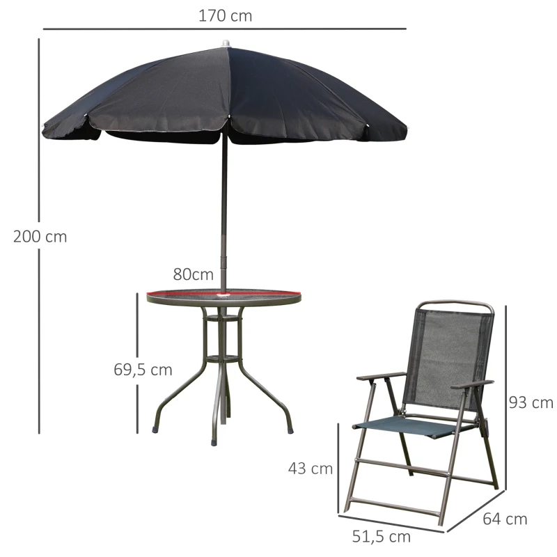 Outsunny Ensemble Salon de Jardin 6 pcs - Table Ronde + 4 chaises Pliables + Parasol - Acier époxy café textilène Polyester Noir