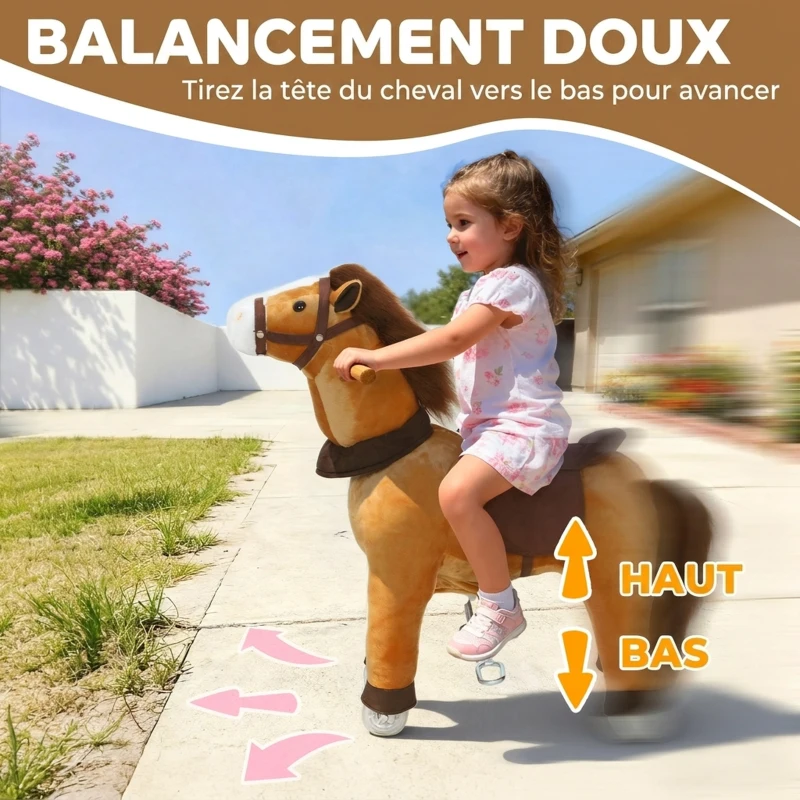 AIYAPLAY Cheval à Monter pour Enfant, Cheval à Roulettes en Peluche, Poignée, 75 cm de Haut, pour 3 à 5 Ans, Marron