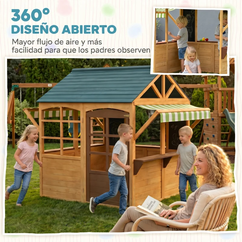 AIYAPLAY Casita de Juegos Infantil de Madera con Ventanas Pizarras Tejado y Toldo 173x117x144 cm Madera Natural