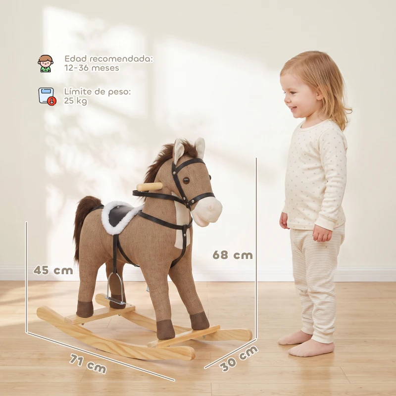 AIYAPLAY Caballo Balancín con Sonidos y Asas de Seguridad Base de Madera para Niños de 12 a 36 Meses Marrón Oscuro