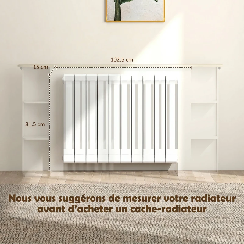HOMCOM Cache-radiateur avec étagères de rangement ouvertes, couvercle de radiateur en bois à lattes, 152x19x83cm, blanc