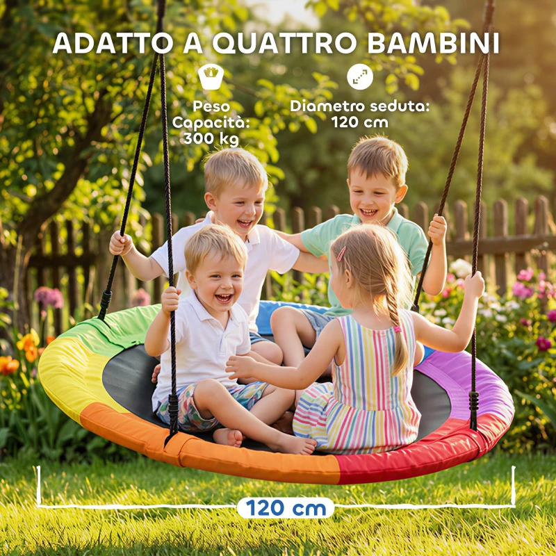 AIYAPLAY Altalena Nido per Bambini 3-8 Anni con Corde e Cinghie, in PE e Tessuto Oxford, 120x120x180 cm, Multicolore