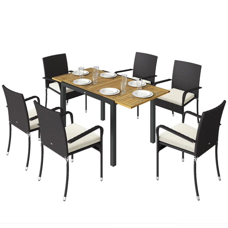 Outsunny Conjunto de Mesa y Sillas Jardín de Ratán 7 Piezas con Mesa Extensible con Tablero Madera y 6 Sillas Apilables Cojines