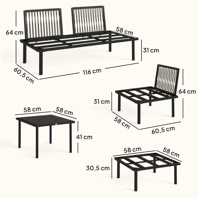 Outsunny Conjunto de Jardín Exterior de 6 Piezas con Sofá 2 Plazas Módulo de Esquina 2 Sillones Reposapiés Mesa de Vidrio Gris