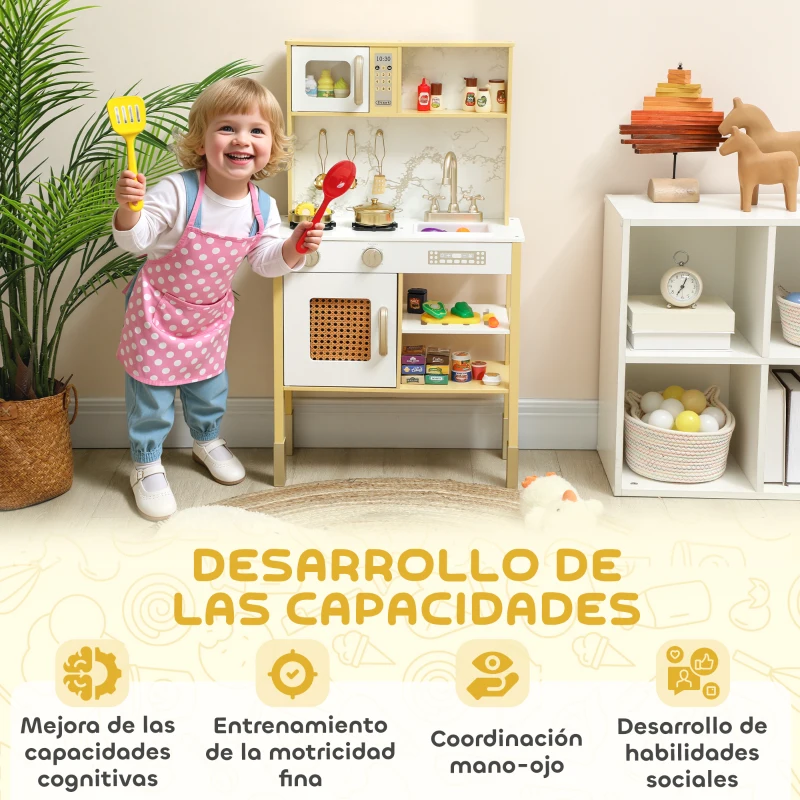 AIYAPLAY Cocina de Juguete de Madera con Sonido con Accesorios de Acero Inoxidable Verduras para Cortar Dorado
