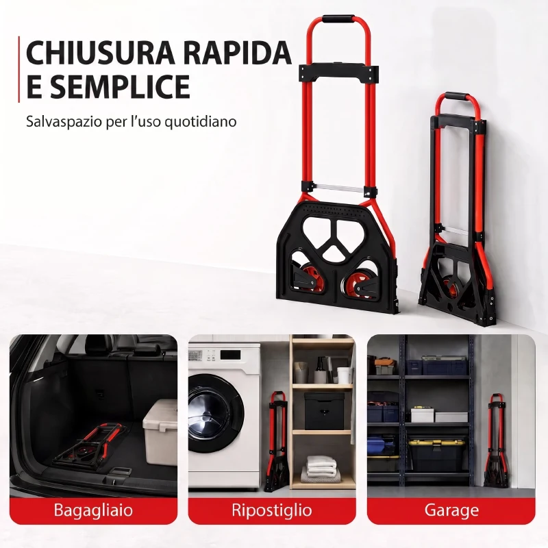 HOMCOM Carrello Portapacchi con Maniglia Telescopica, Portata 60kg, Telaio Acciaio, Rosso