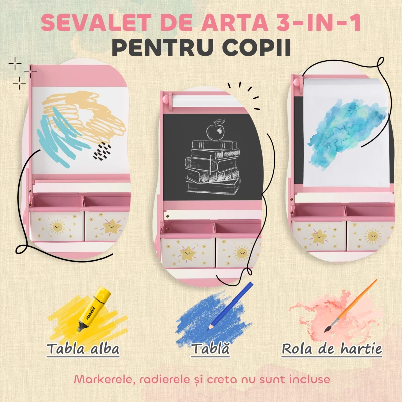 AIYAPLAY Tablă pentru Copii 3 în 1 cu Șevalet, Rola de Hârtie și 2 Coșuri, în Lemn, 54x46x94 cm, Roz