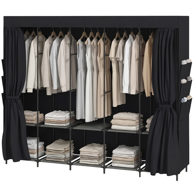 HOMCOM Armario de Tela con 5 Barras 5 Estantes 6 Bolsillos Laterales Cremallera Marco de Acero 212x45x167 cm Gris
